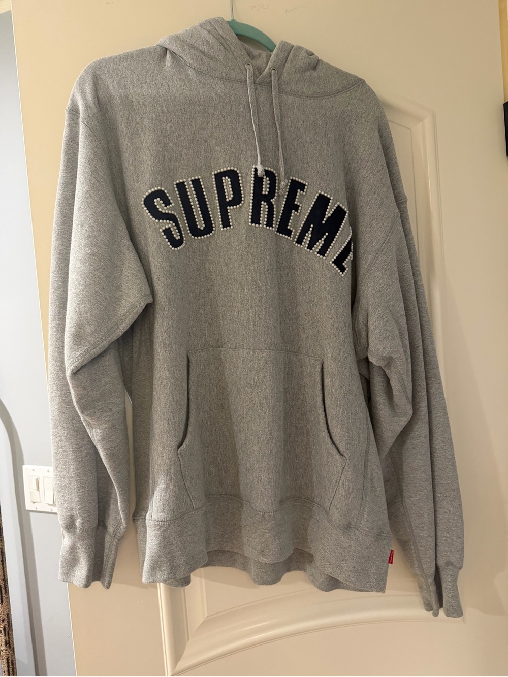 Supreme Gray Hoodie with Navy Arch pearl Logo